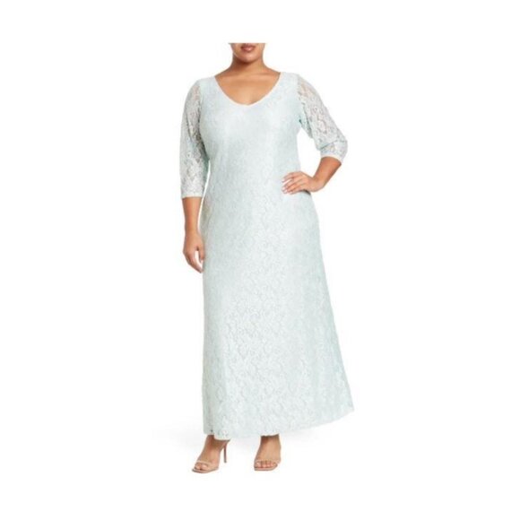 Marina Womens Mint Green Lace V Neck 3/4 Sleeve Maxi Gown Dress Plus Sz 18W New - Picture 1 of 11